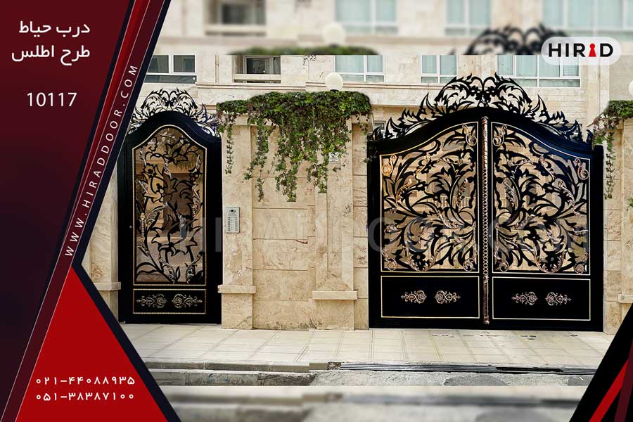 درب تک لنگه و درب دو لنگه ویلایی تاج دار، مشکی طلایی، ترکیب با شیشه سکوریت رفلکس